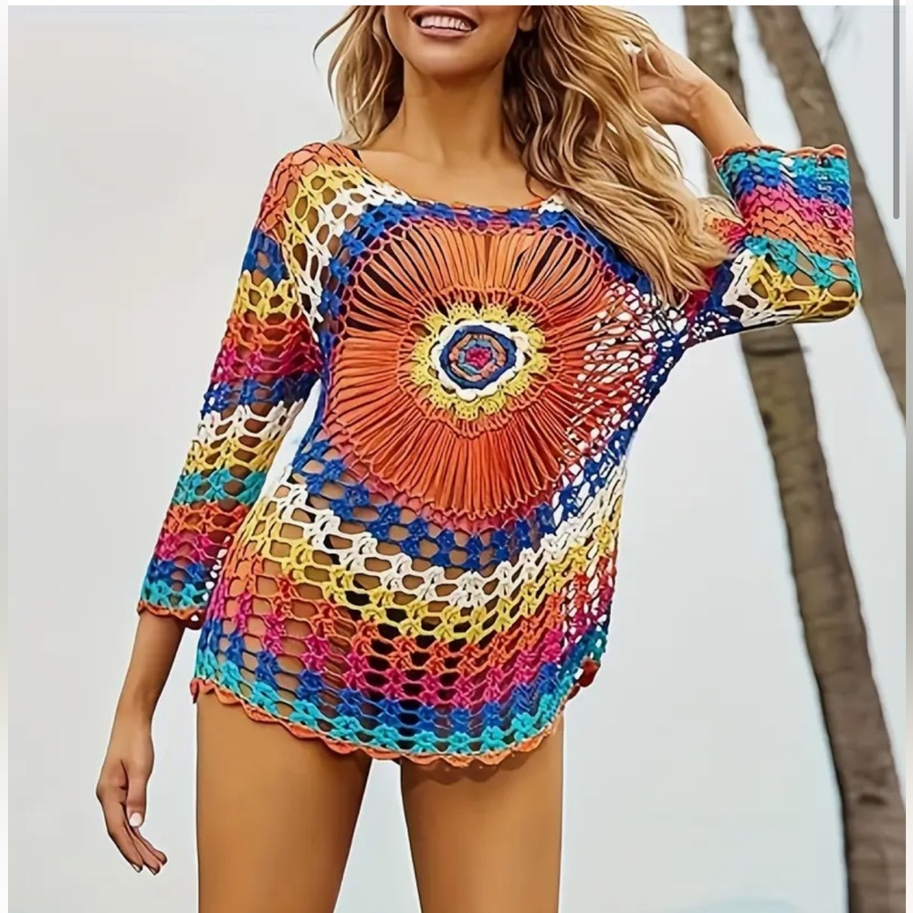 476.Multicolor Crochet Swim Cover-Up